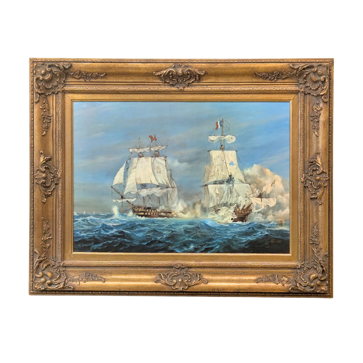Vintage John Hamilton Framed Maritime Ship Battle Canvas Lithograph, 37"x 29"