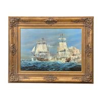 Vintage John Hamilton Framed Maritime Ship Battle Canvas Lithograph, 37"x 29"