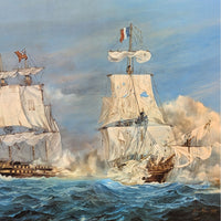 Vintage John Hamilton Framed Maritime Ship Battle Canvas Lithograph, 37"x 29"