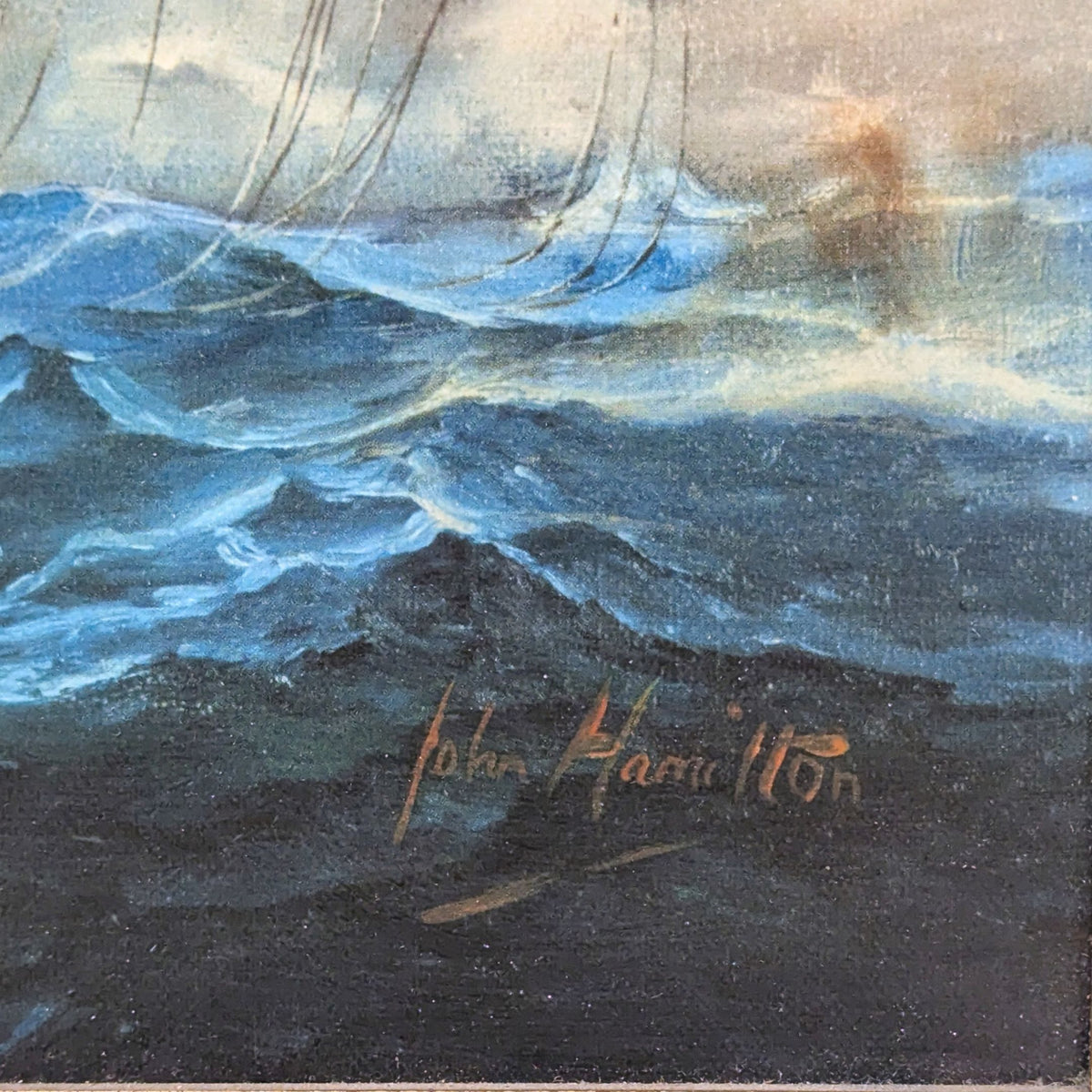 Vintage John Hamilton Framed Maritime Ship Battle Canvas Lithograph, 37"x 29"