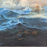 Vintage John Hamilton Framed Maritime Ship Battle Canvas Lithograph, 37"x 29"