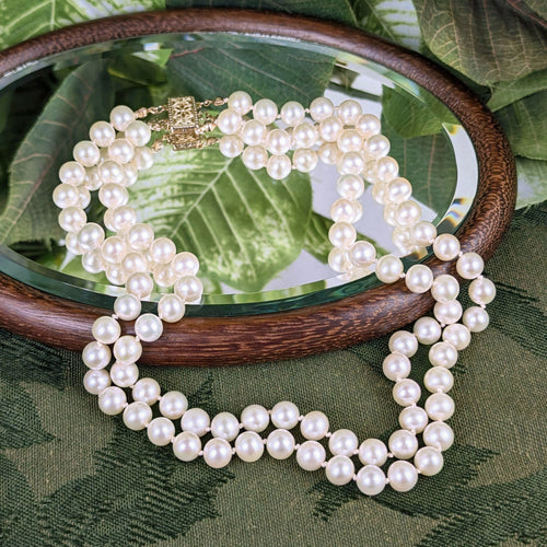 13K Gold Double Strand Pearl 15” Choker Necklace