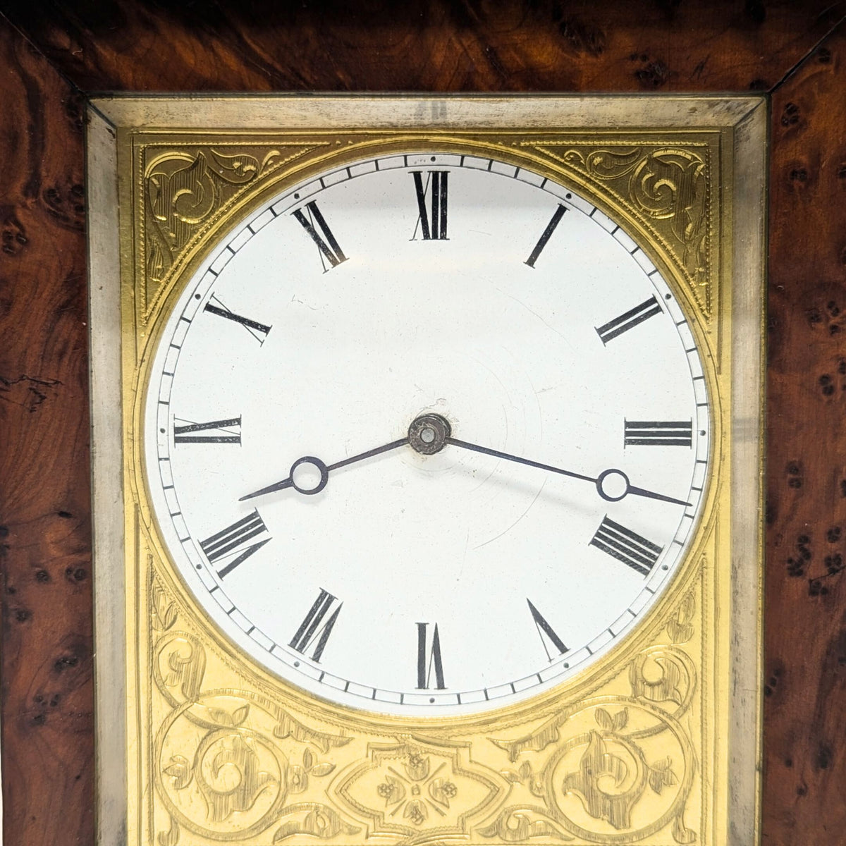 French Antique 8-Day Burled Walnut Desk Clock