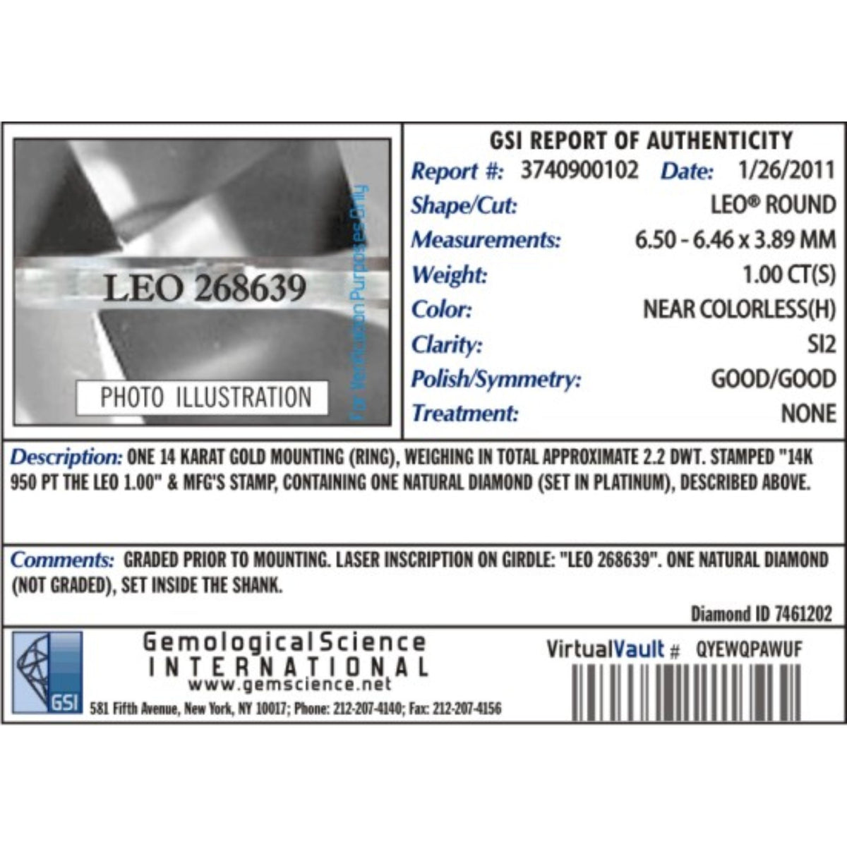 Leo Schachter 14K White Gold/Platinum 1.0ct Natural Diamond Solitaire Ring