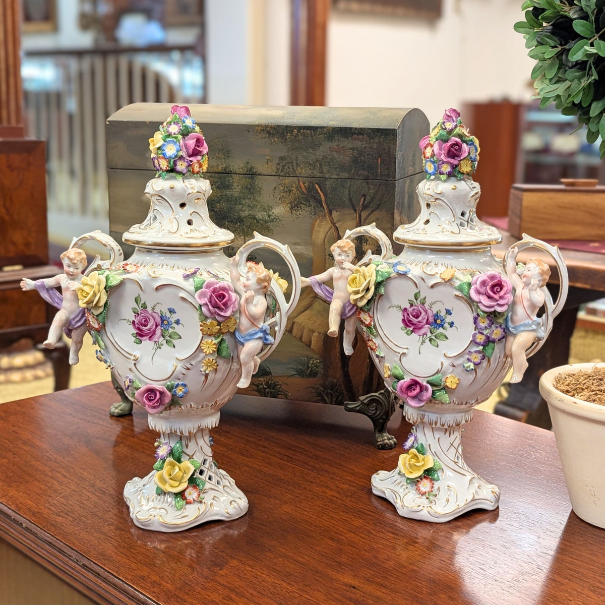 Von Schierholz Cherubic Compote Lidded Urns (Pair)