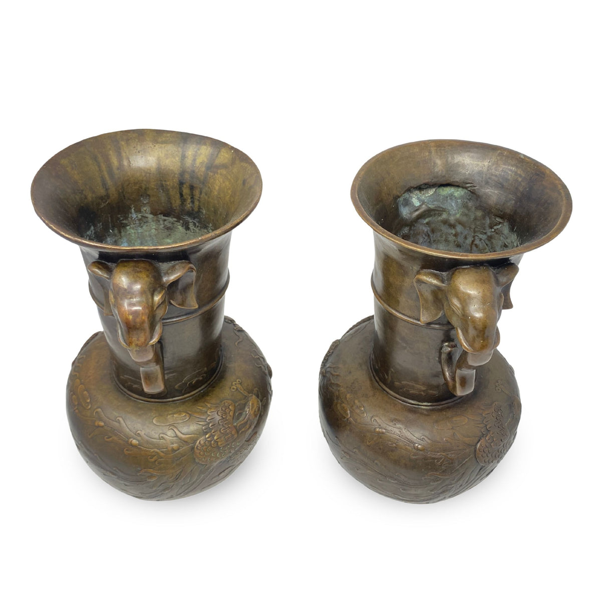 Antique Chinese Cast Bronze 13" Vases, Lucky Elephant, Phoenix, & Dragon
