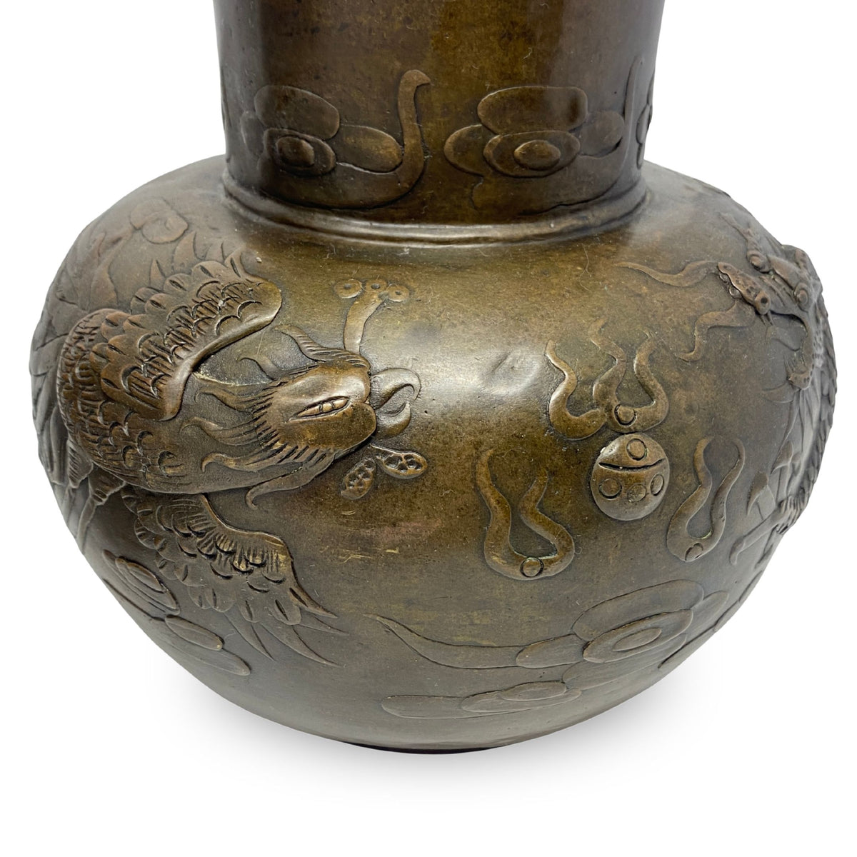 Antique Chinese Cast Bronze 13" Vases, Lucky Elephant, Phoenix, & Dragon