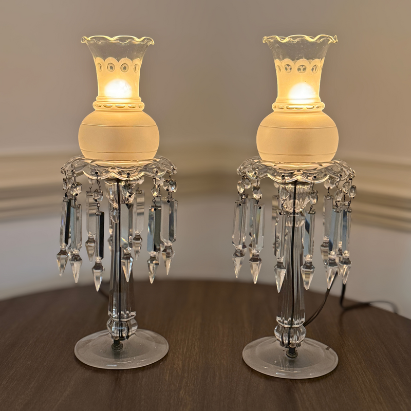 Vintage Boudoir Candlestick Luster Lamps (Pair)