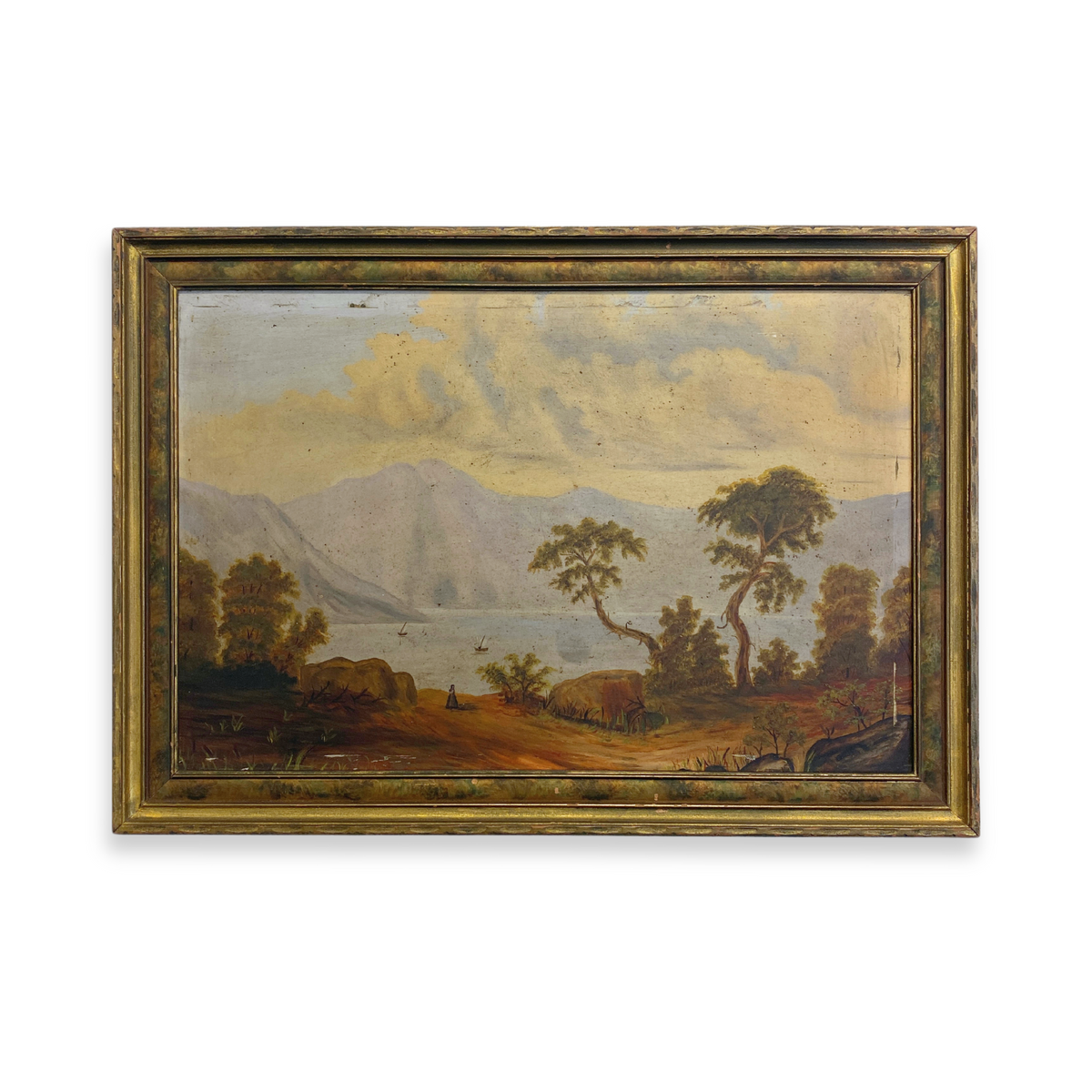 18th C. Mountain Riverbank Landscape Oil on Board