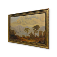 18th C. Mountain Riverbank Landscape Oil on Board