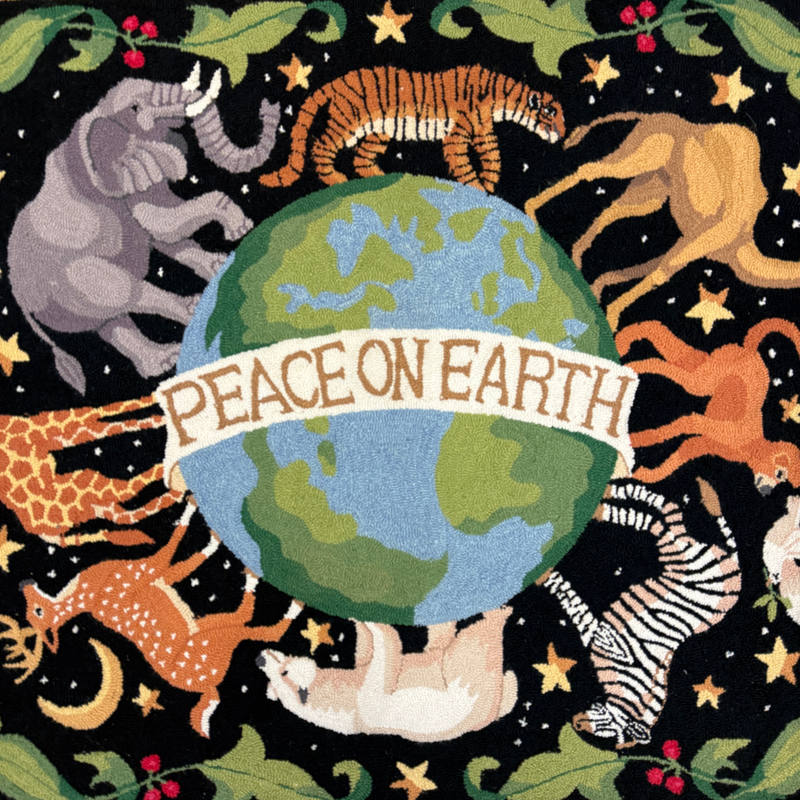 Peace on Earth Animal Theme Wool Hook Rug 5’ x 3’6”