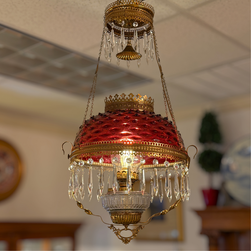 Fenton Antique Cranberry Hobnail Glass & Crystal Chandelier