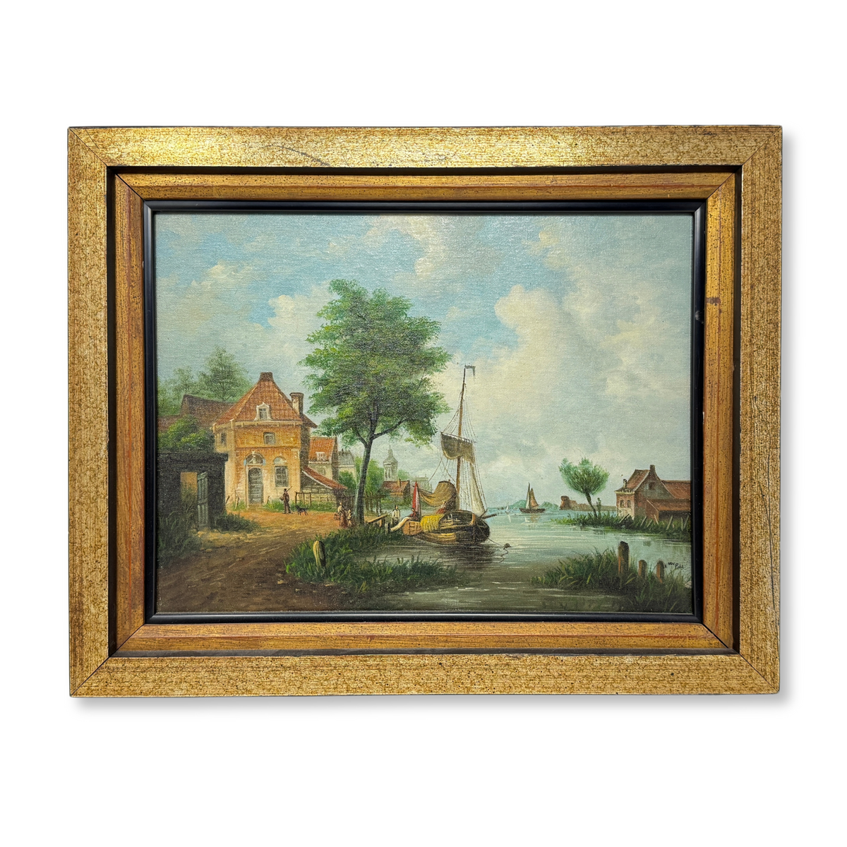 Dutch Canal Oil on Board Antique Reproduction by V. Van Pohl, ca. 1970