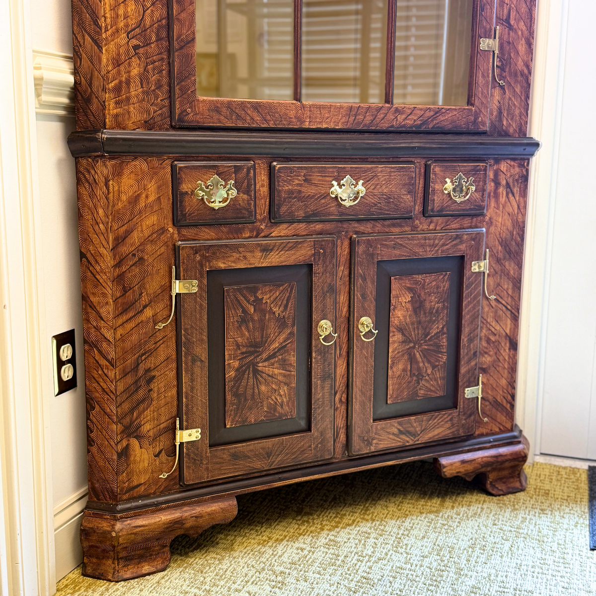 Custom Tiger Maple Finished 2pc, 12-Panel Corner Cabinet