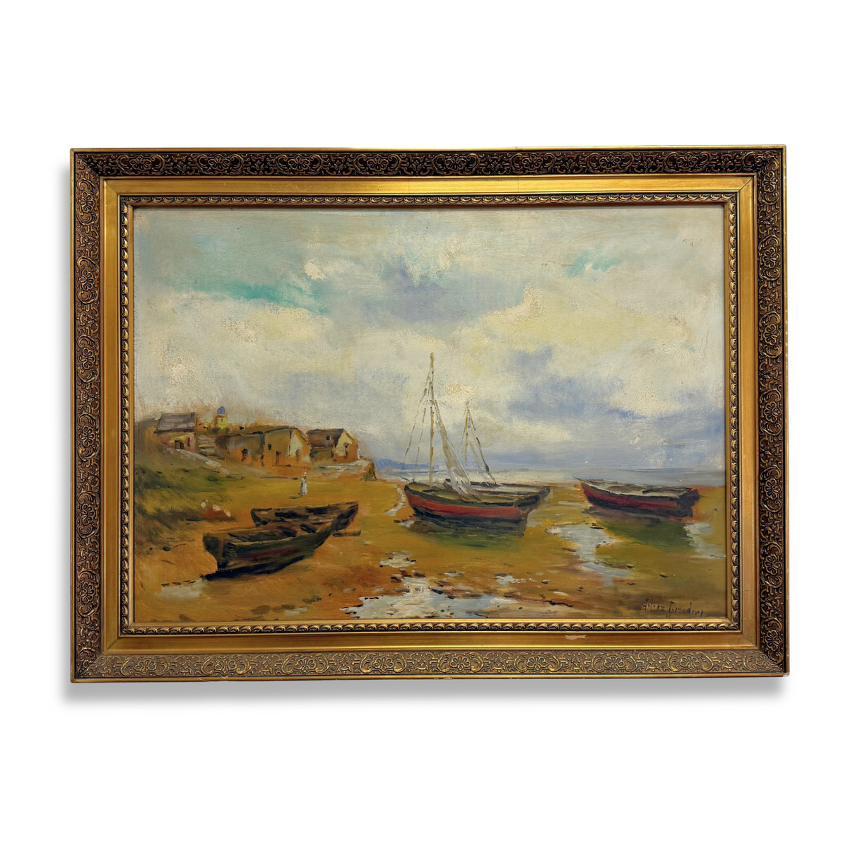 Fishing Boats at Low Tide Signed Oil on Board, ca. 1950