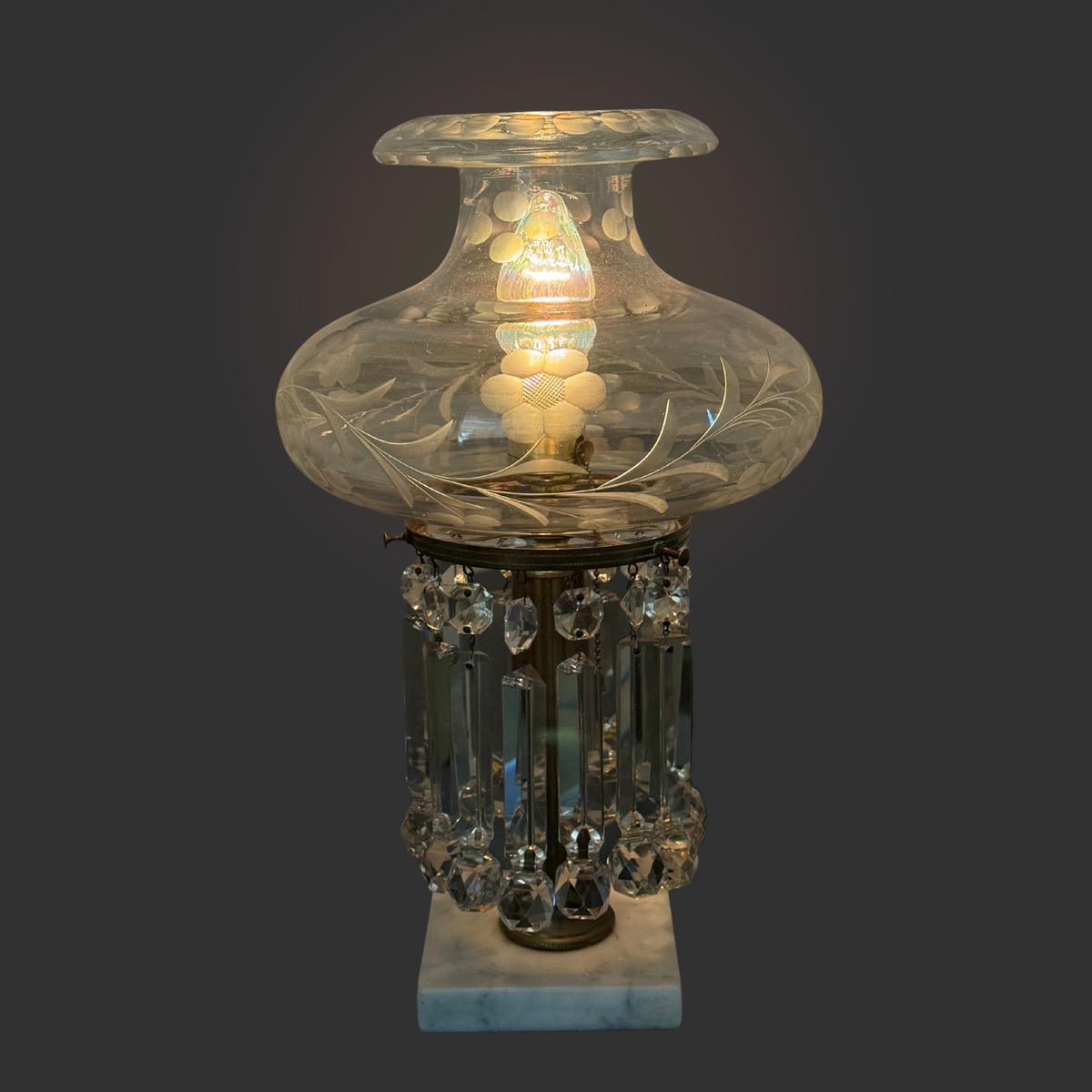 Marble, Brass, & Crystal Prism Electrified Oil Lamp, ca. 1840