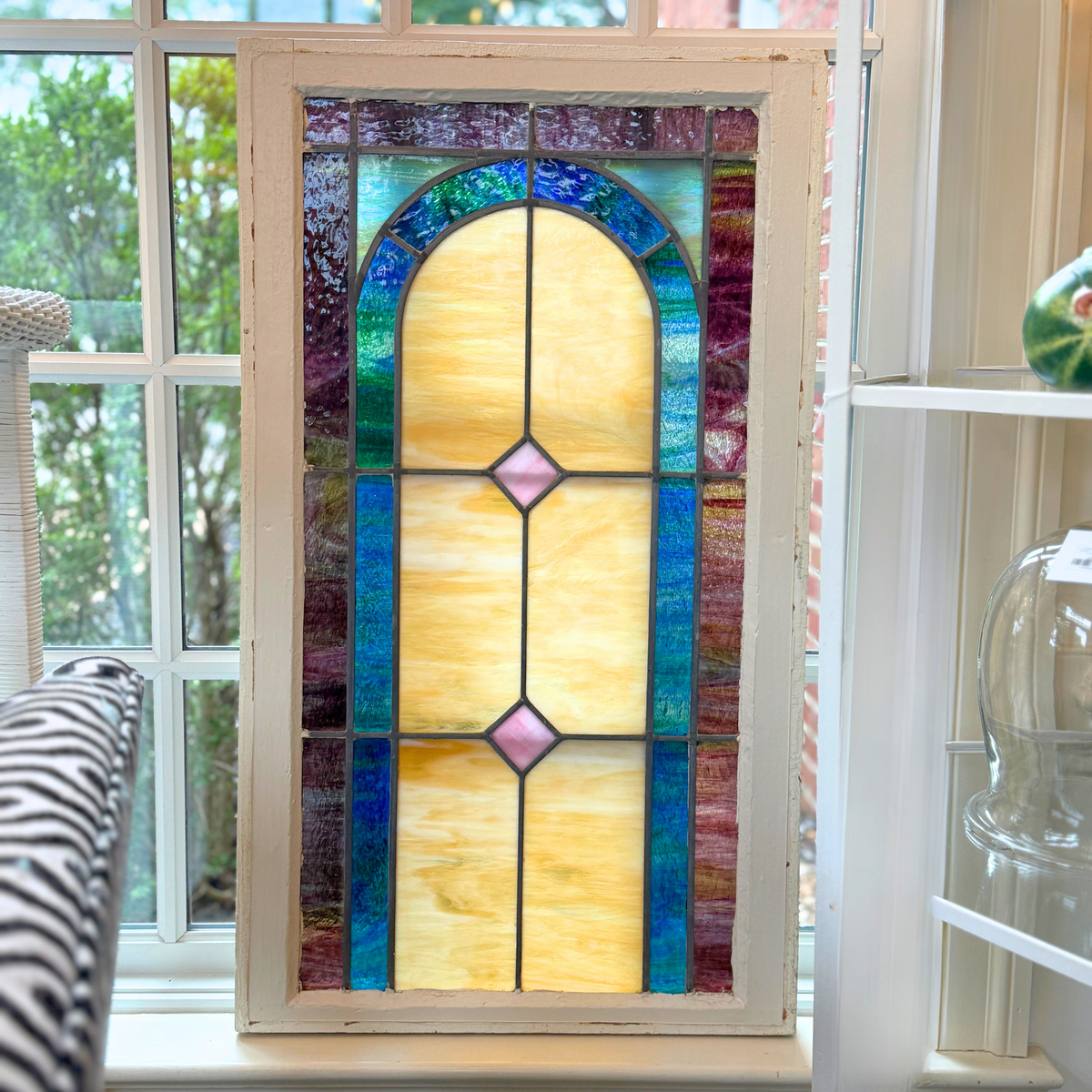 Antique 5-Color Stained Glass Window 21 x 36