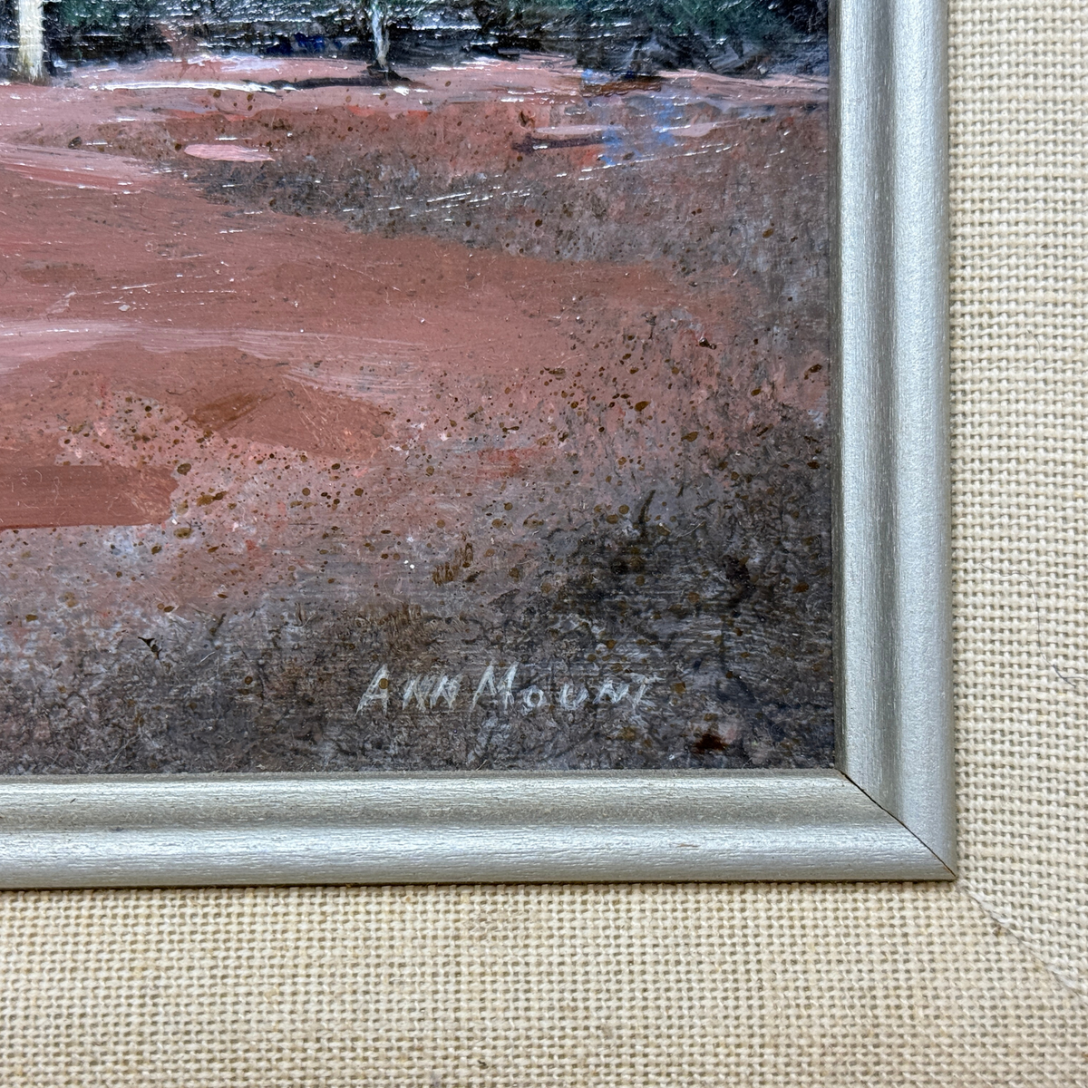 "Service Station" Oil on Board by Ann Mount, ca. 1980