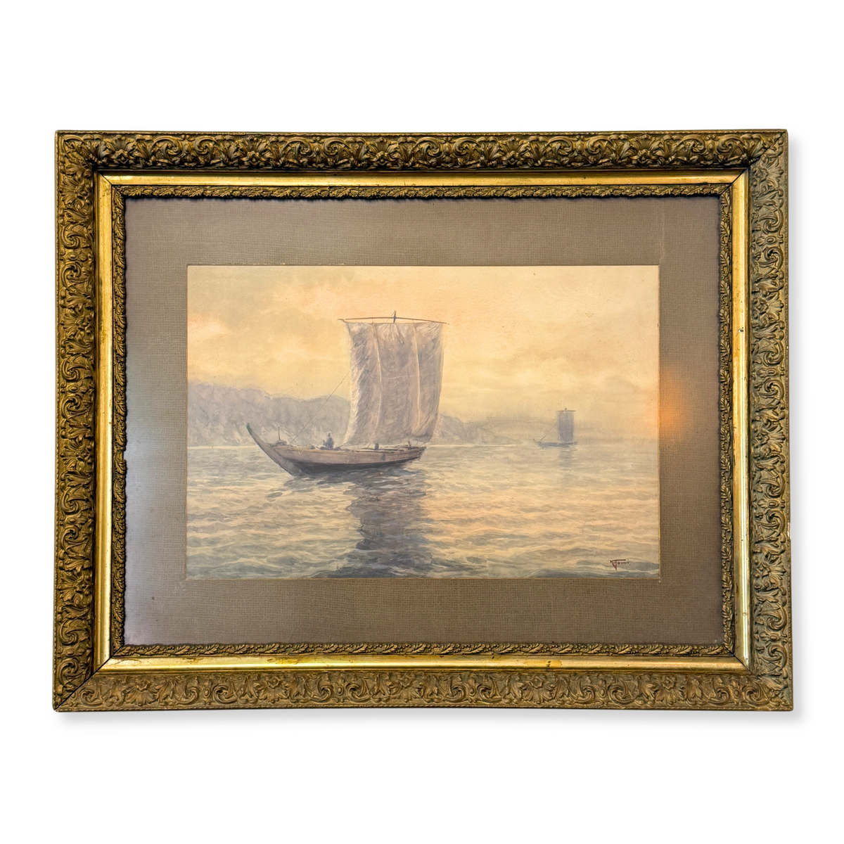 Japanese Fishermen at Dusk Watercolor on Paper, Signed ca. 1900
