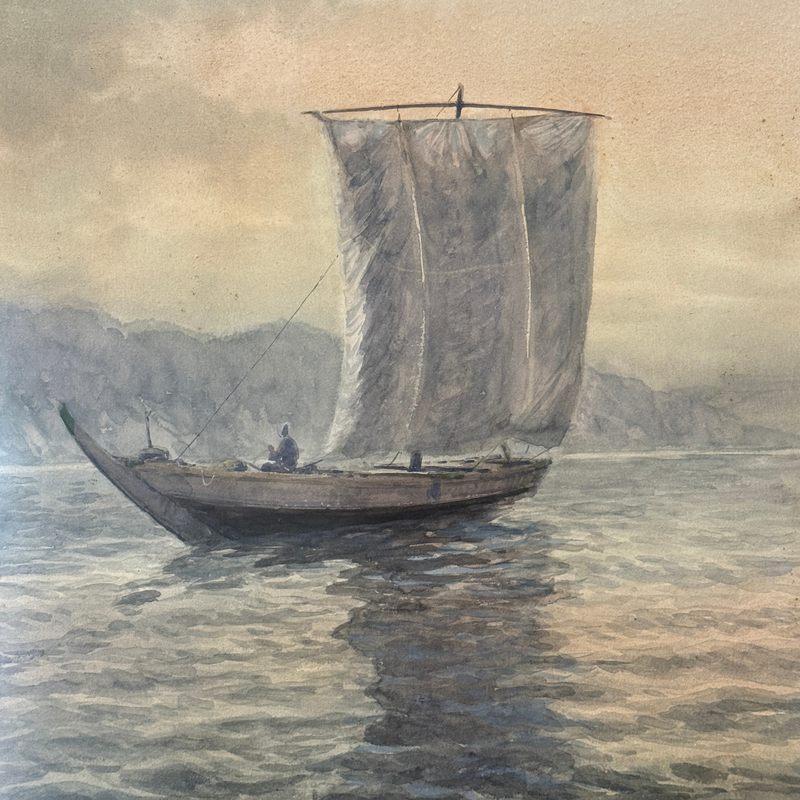 Japanese Fishermen at Dusk Watercolor on Paper, Signed ca. 1900