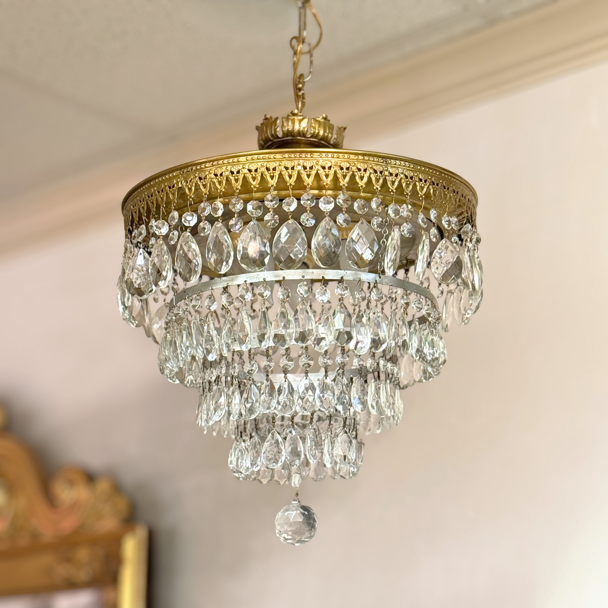 1920's Neoclassical Crystal & Brass Chandelier