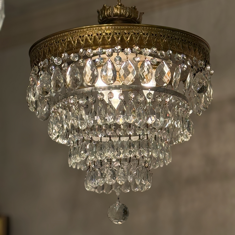 1920's Neoclassical Crystal & Brass Chandelier