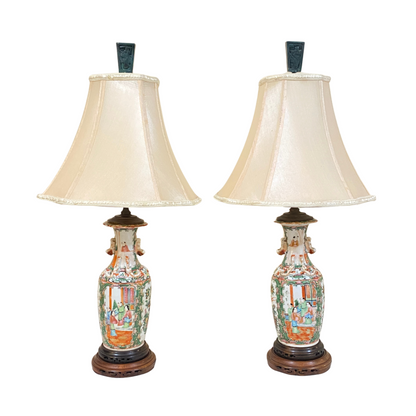Antique Chinese Famille Rose Medallion Vase Lamps (Pair)