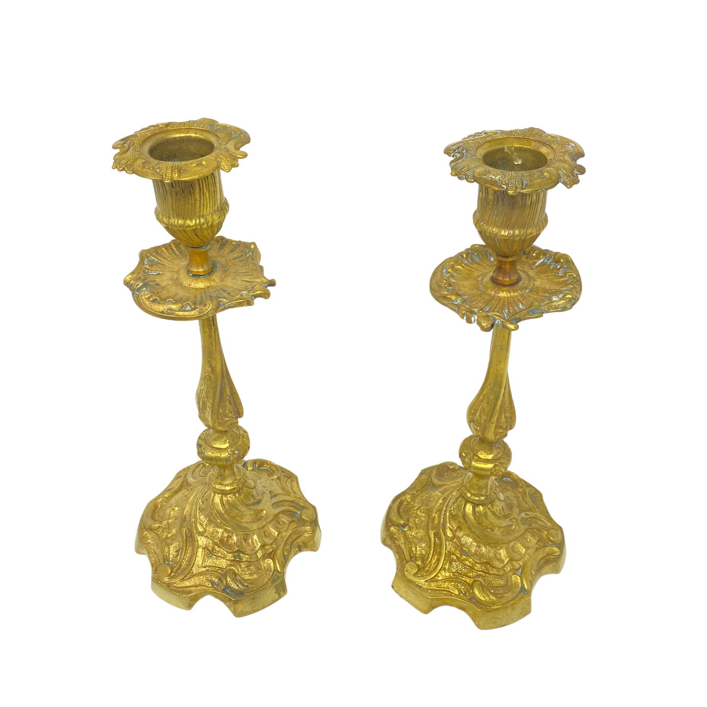 Antique French Art Nouveau Gilt Brass & Copper Candlesticks