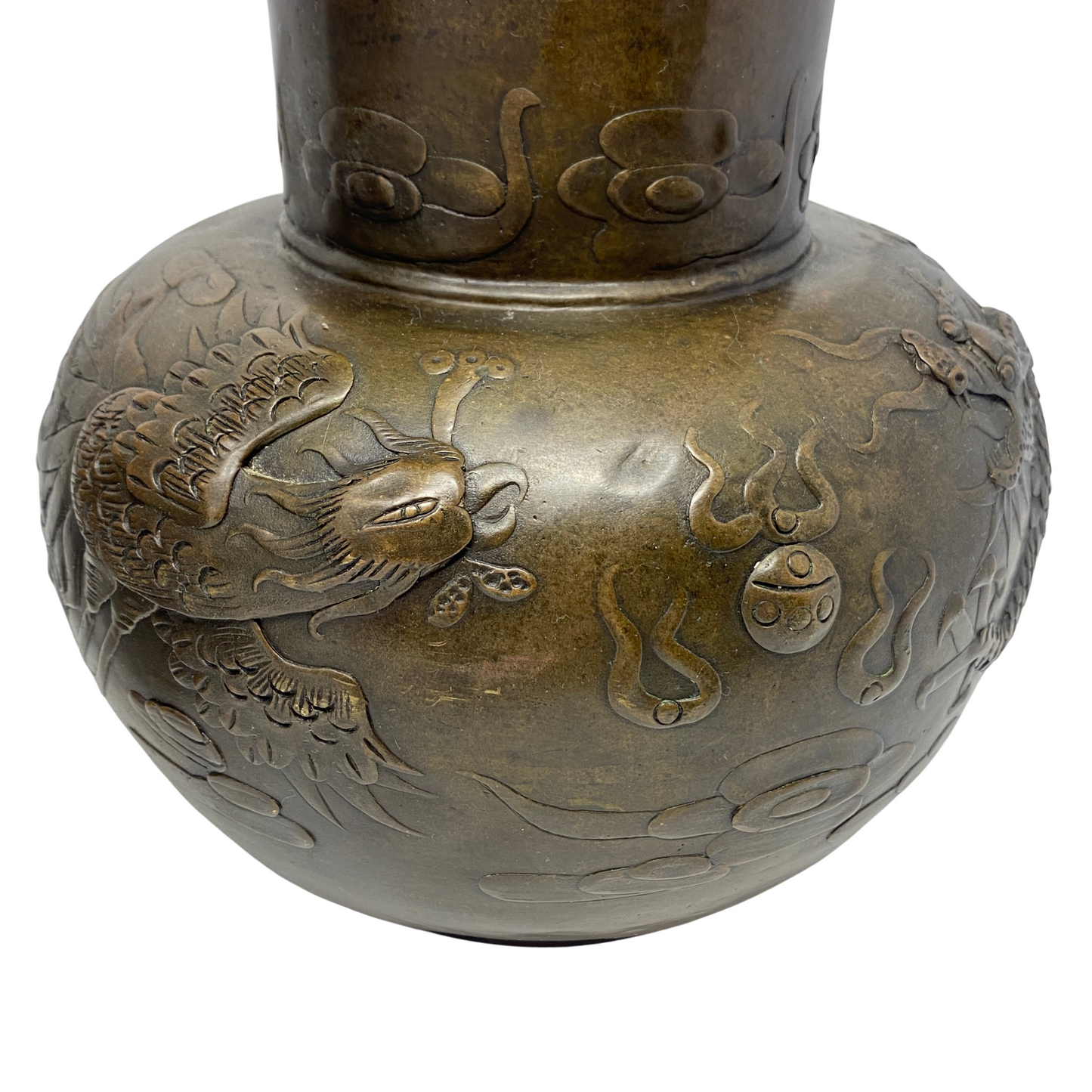 Antique Cast Bronze Chinese Lucky Elephant, Pheonix, Dragon Vases