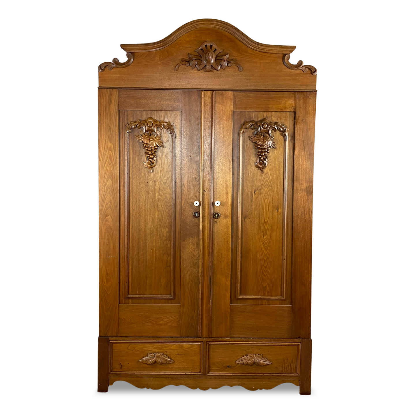 Antique Walnut Knockdown Grape Carved Double Door Wardrobe