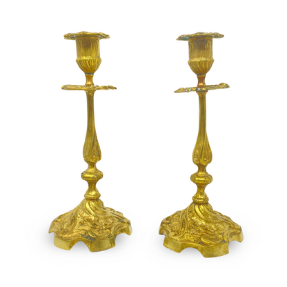 Antique French Art Nouveau Gilt Brass & Copper Candlesticks