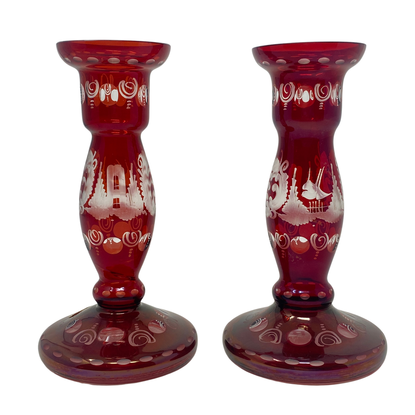 Vintage Bohemian Etched Cut to Clear Ruby Candlesticks (Pair)