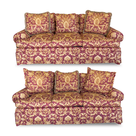 Sherrill Royal Plaid Damask Rolled Arm Sofas (Pair)