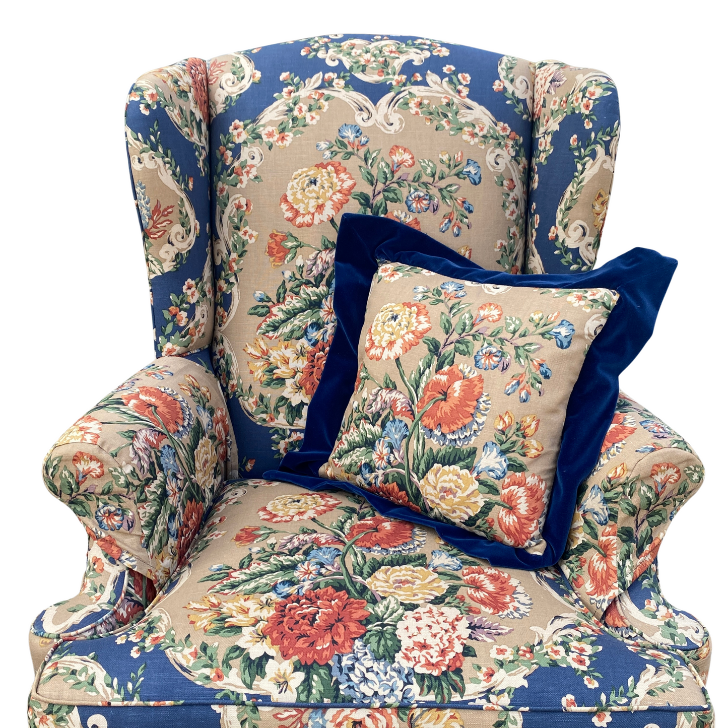 Floral Wingback Chairs w/ Pillows (Pair)