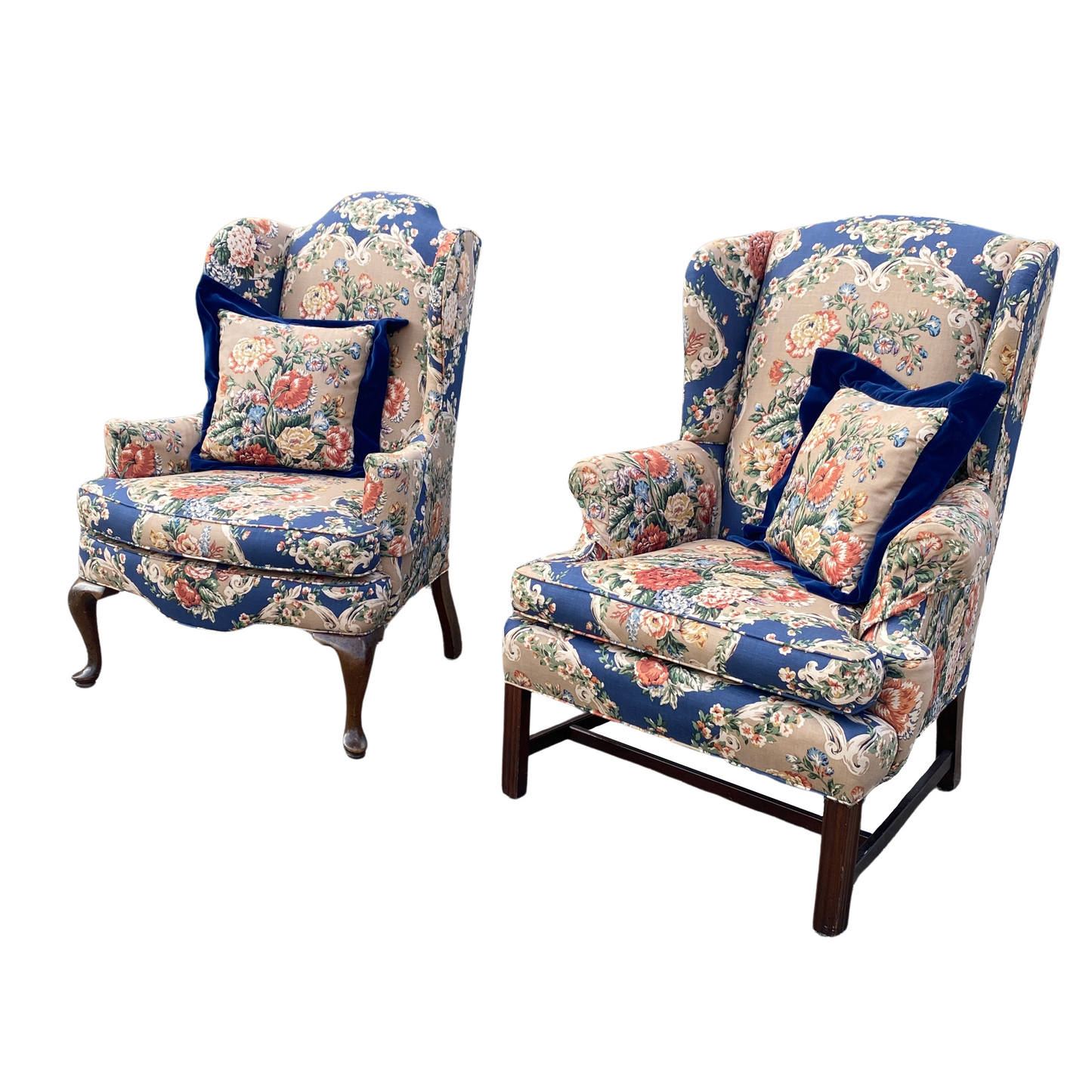 Floral Wingback Chairs w/ Pillows (Pair)