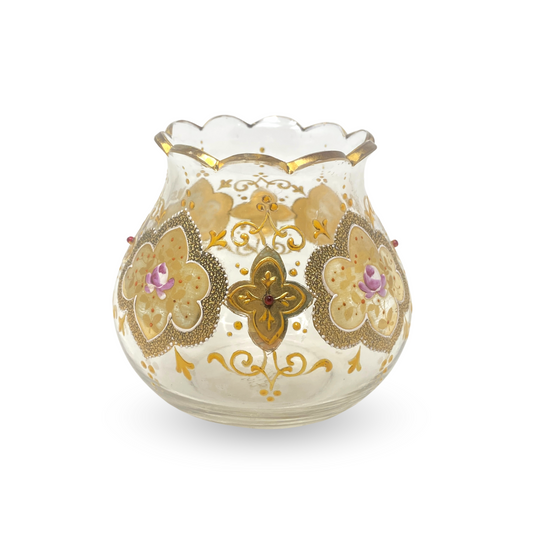 Antique Bohemian Enameled Glass Vase w/ Applied Jewels