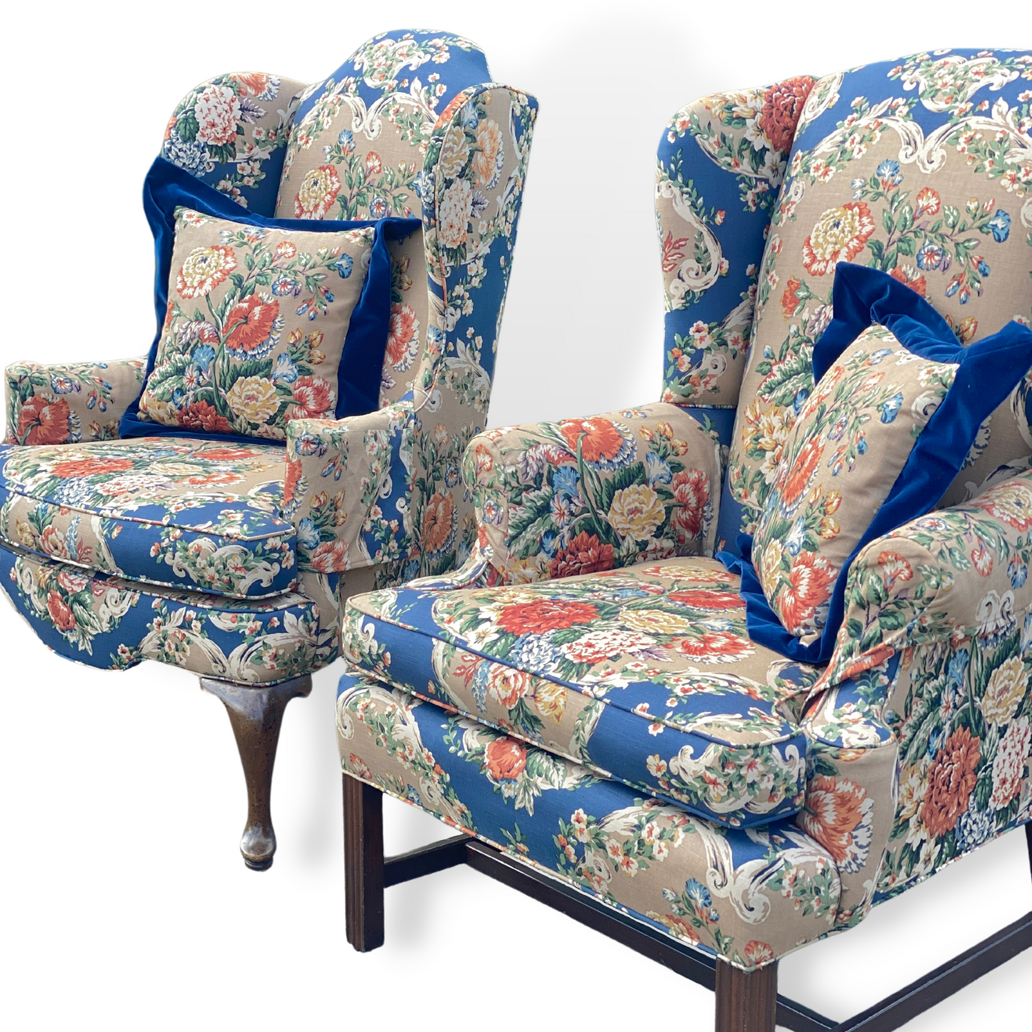 Floral Wingback Chairs w/ Pillows (Pair)