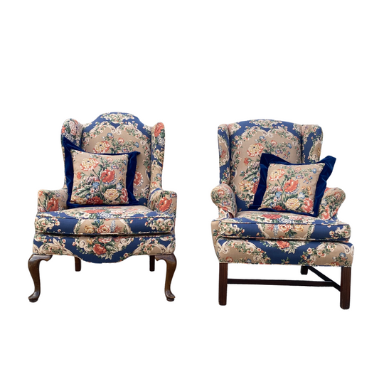 Floral Wingback Chairs w/ Pillows (Pair)