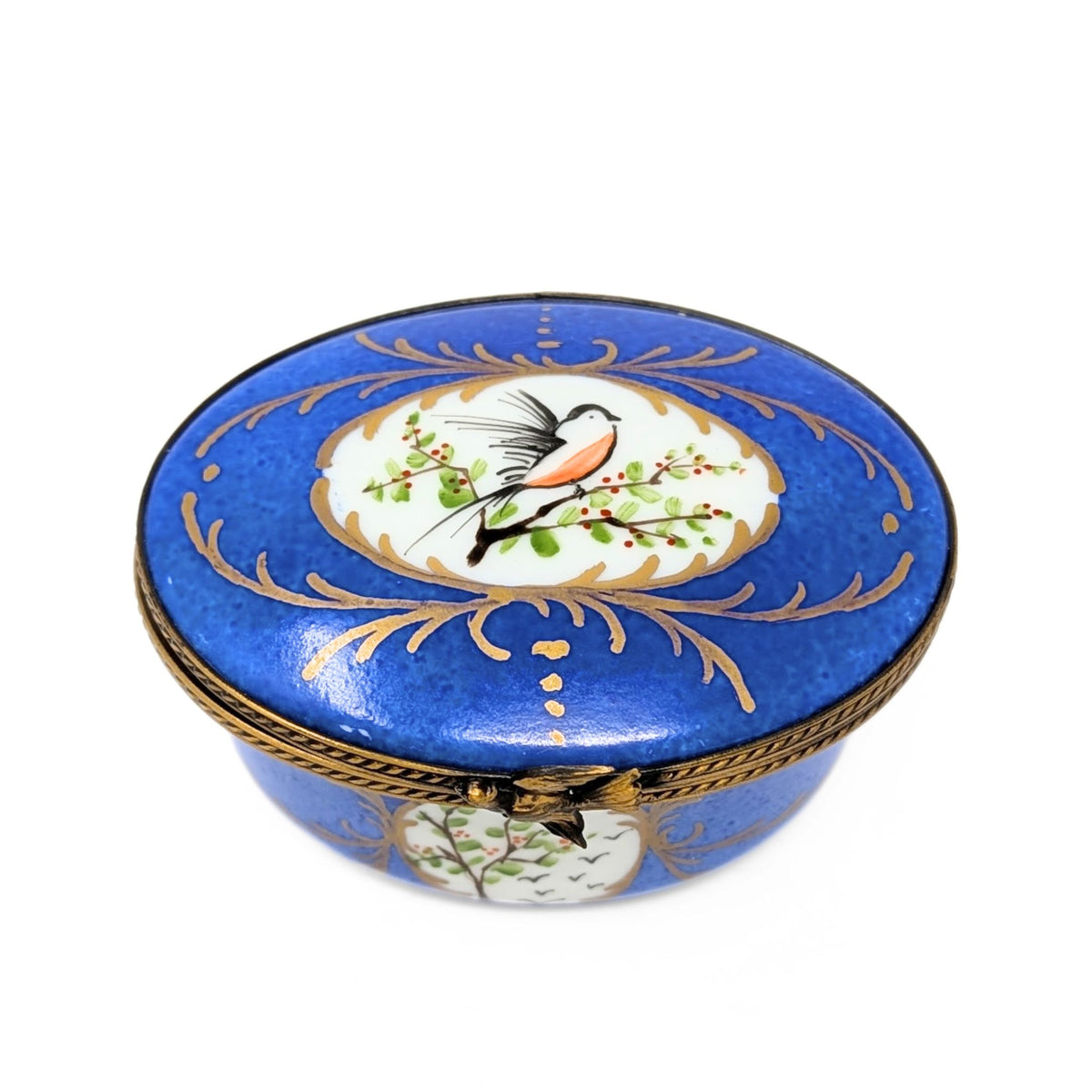 Vintage Limoges Eximious 3" Porcelain Box, Blue with Trees and Bird