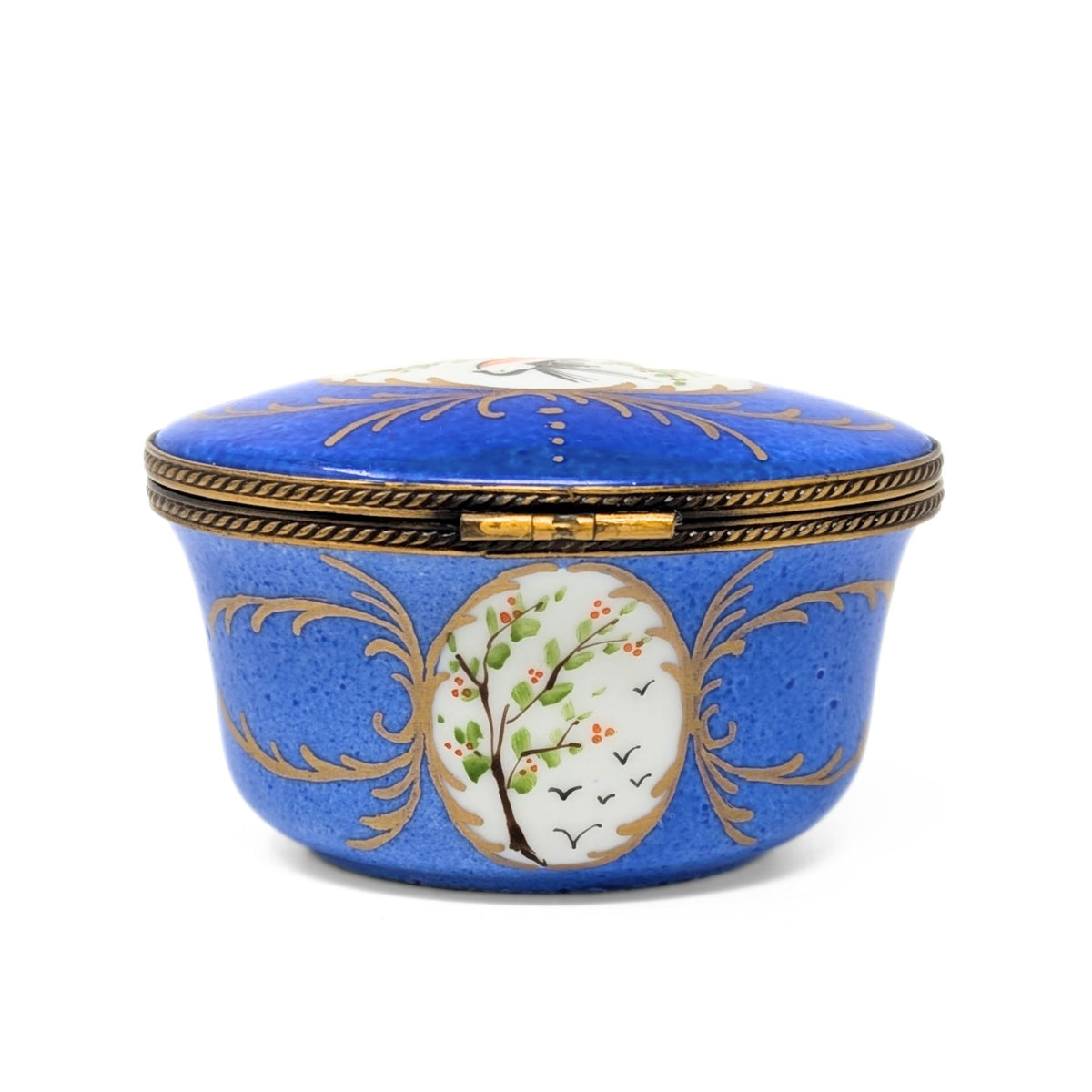 Vintage Limoges Eximious 3" Porcelain Box, Blue with Trees and Bird