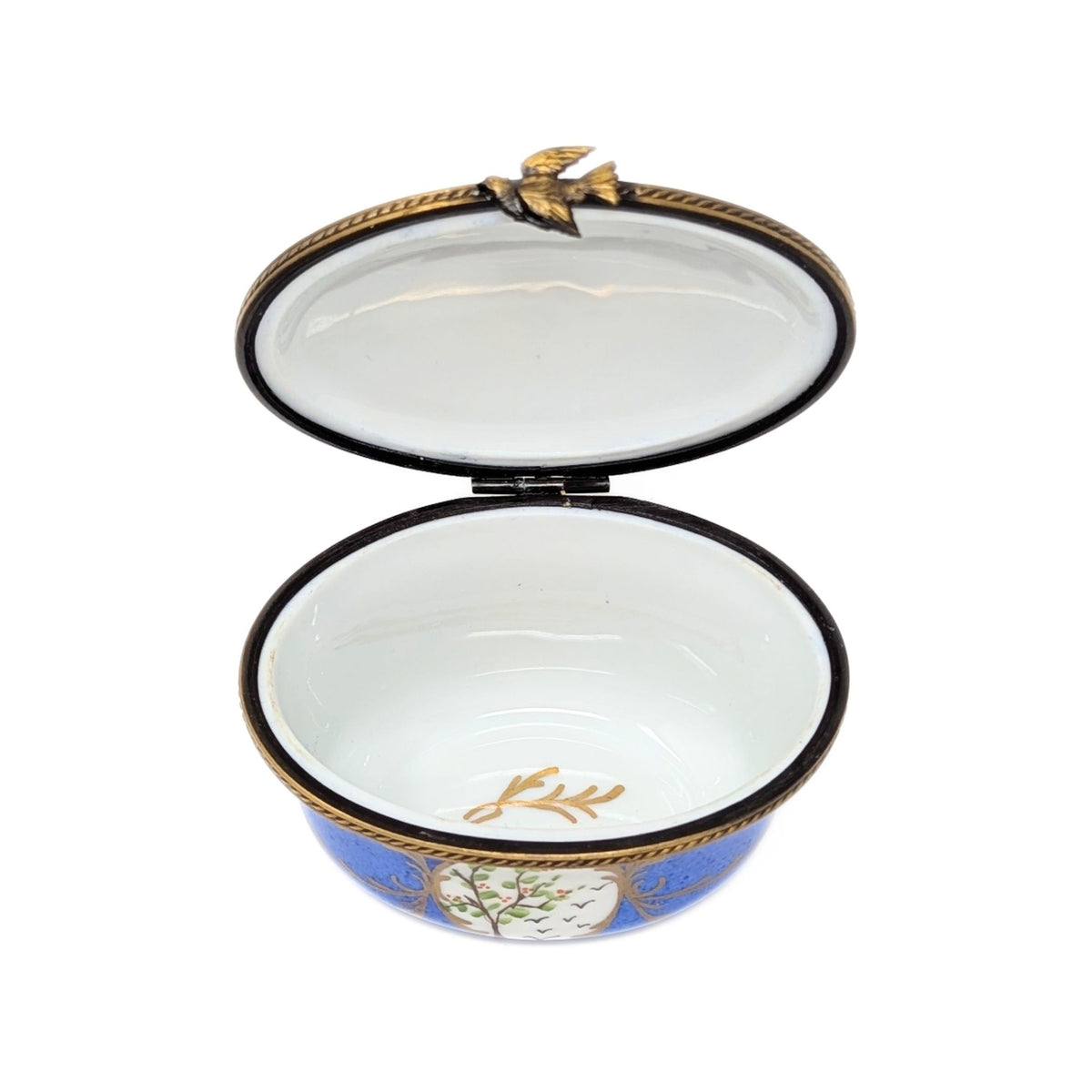 Vintage Limoges Eximious 3" Porcelain Box, Blue with Trees and Bird