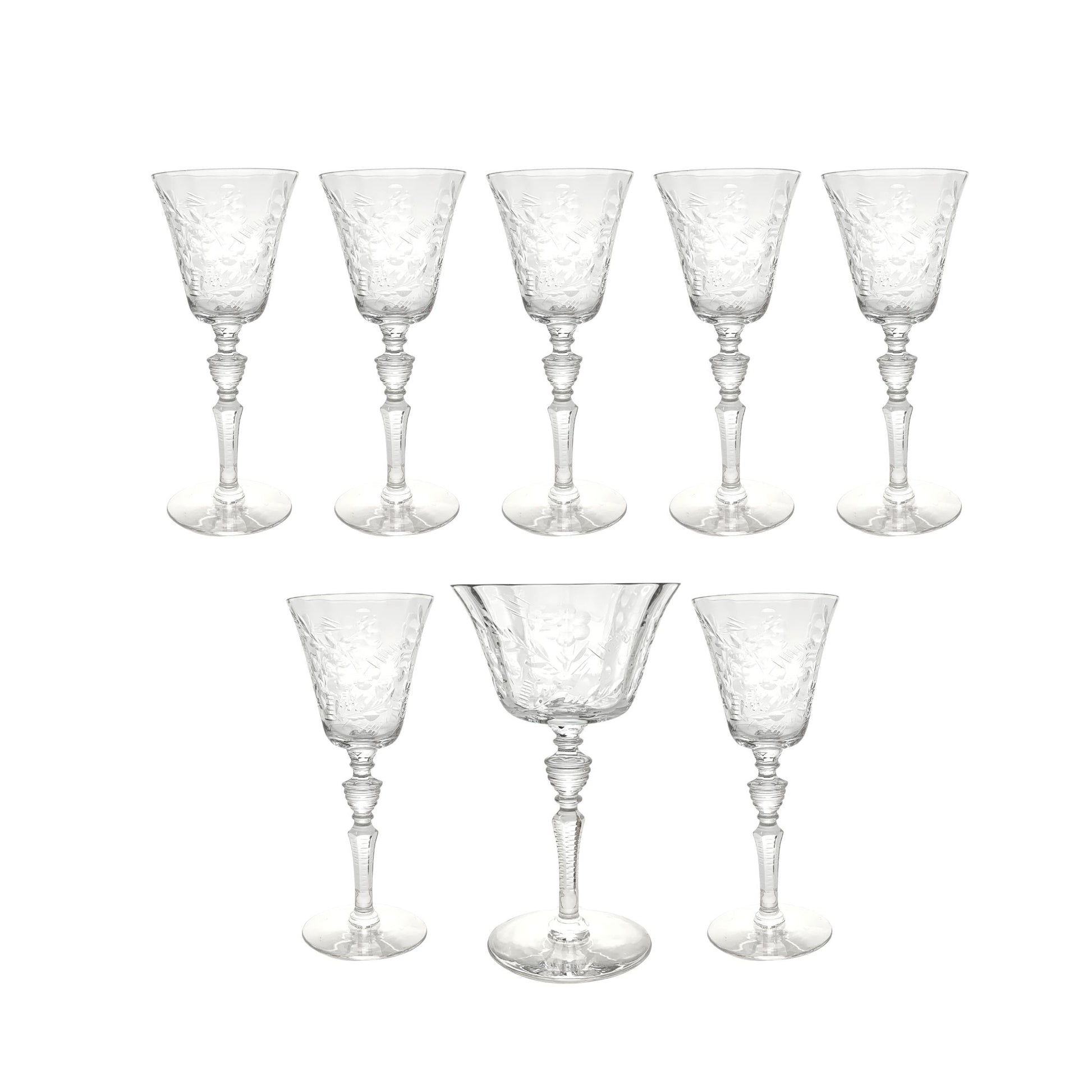 4 Vintage Etched Tall Wine Glasses ~ Water Goblets, Rock Sharpe