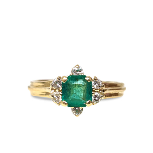 18K Gold Natural Emerald & Diamond Ring Size-5