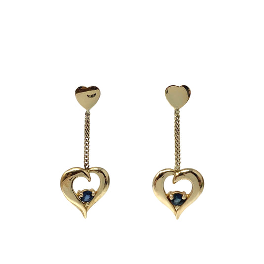 14K Gold Blue Sapphire Heart Drop Earrings