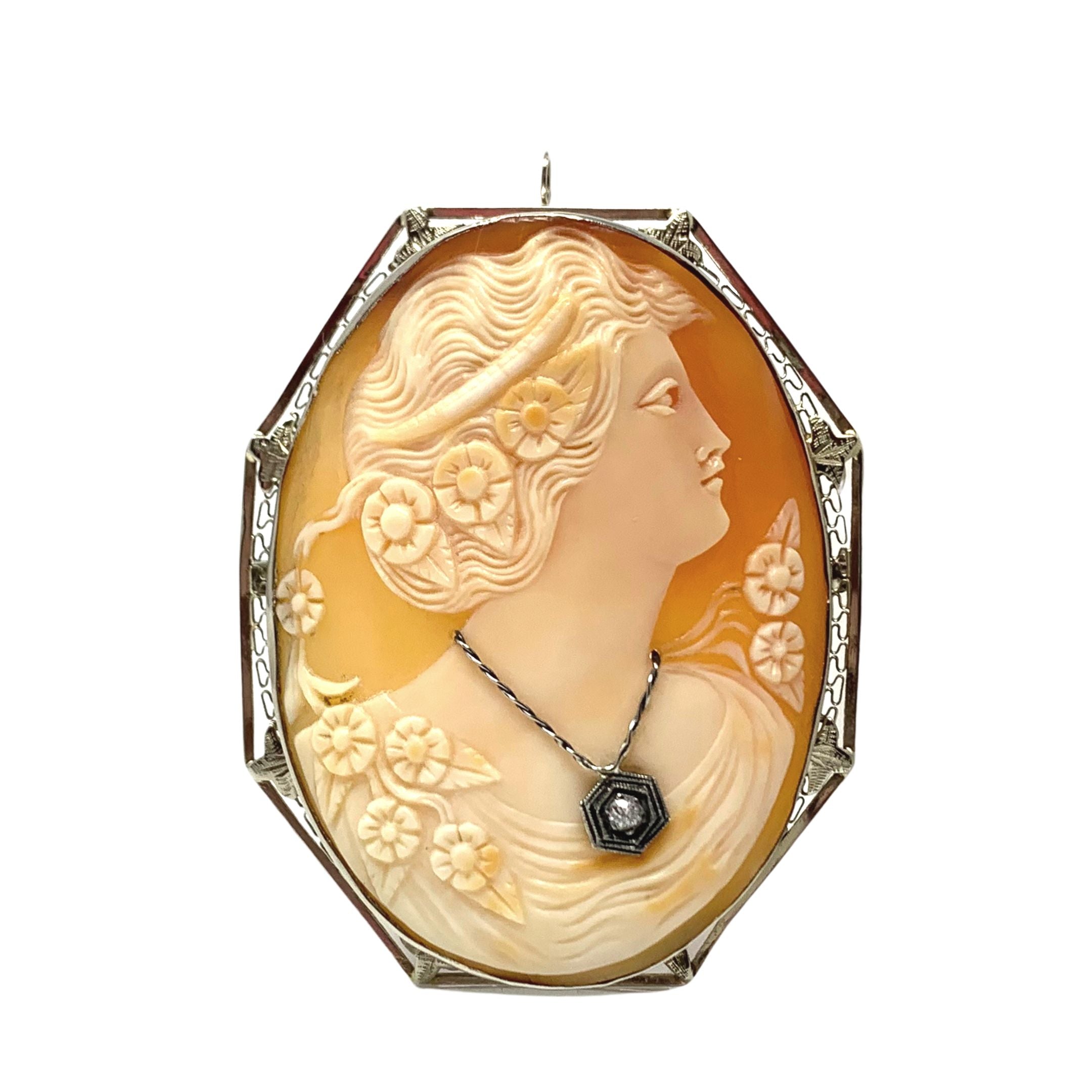 Vintage Cameo Necklace - Art Deco 10k White Gold Carved Shell Pendant – MJV