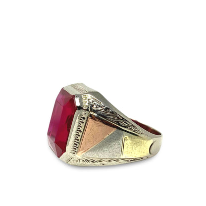 14K Gold Antique Men’s Tri-Gold Red Stone Ring Size-9.5