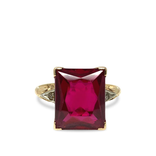 10K Gold Antique Faux Ruby & Diamond Ring Size -6.5