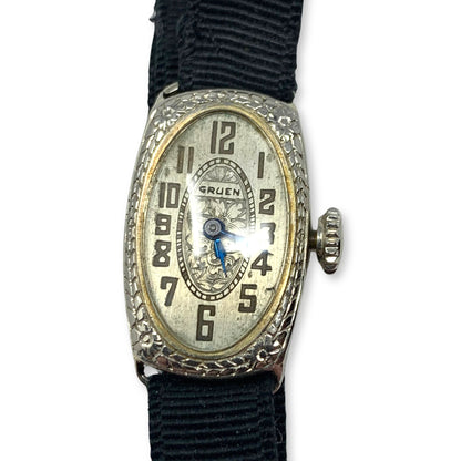 Gruen 1920's Art Deco 14K White Gold 15J Ladies Ribbon Band Wristwatch