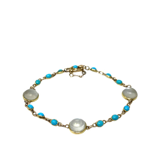 Antique 15K Gold Turquoise & Moonstone 7” Bracelet