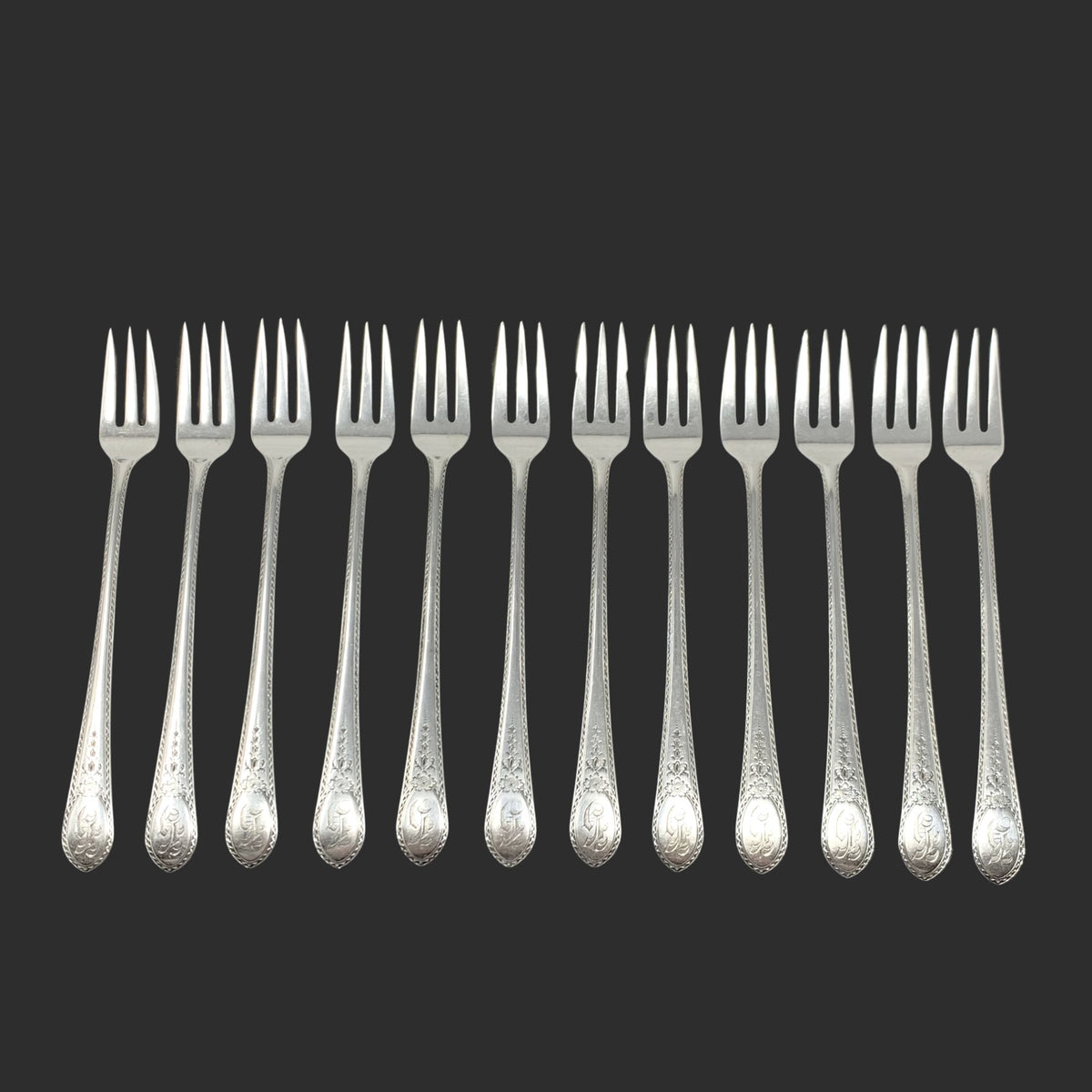 Lunt Early American Sterling Silver "H" Monogrammed Cocktail Forks (12)